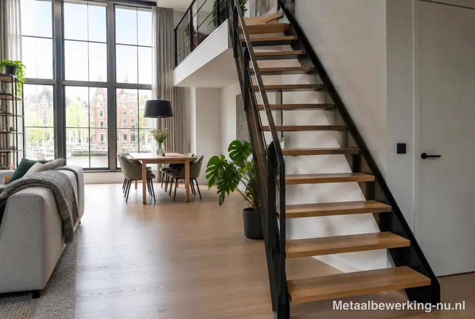 Stalen trap met houten treden in een loft